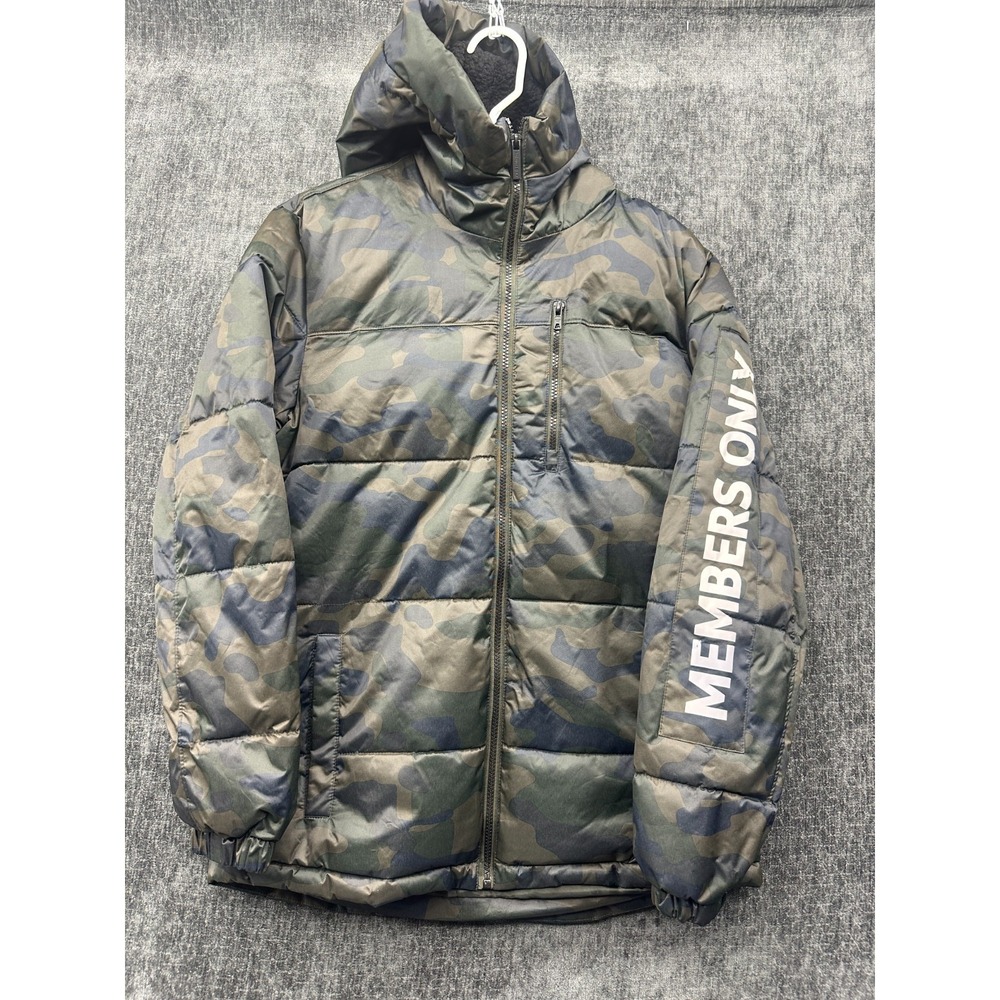 Members‎ Only Puffer Jacket Mens Small Multi Camouflage Hooded Water Resistant